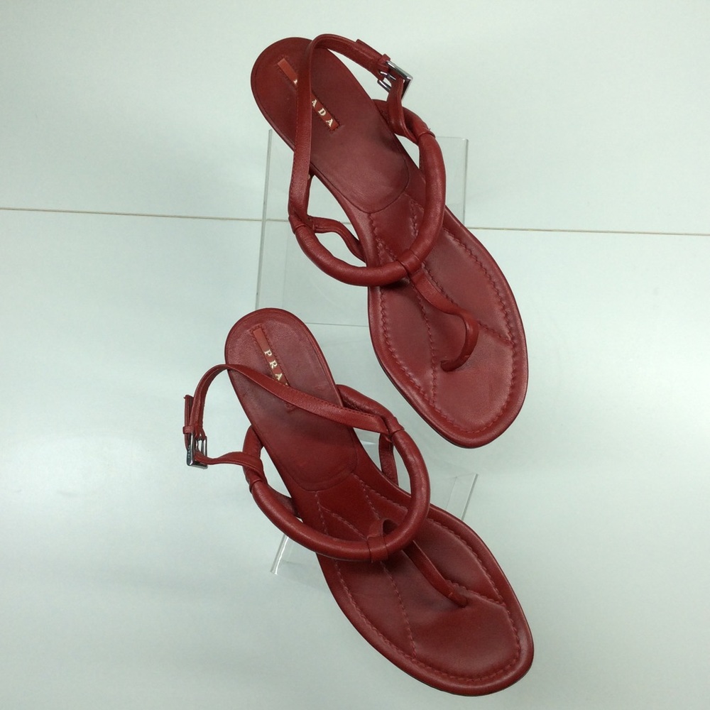 PRADA RED LEATHER WEDGE SANDALS